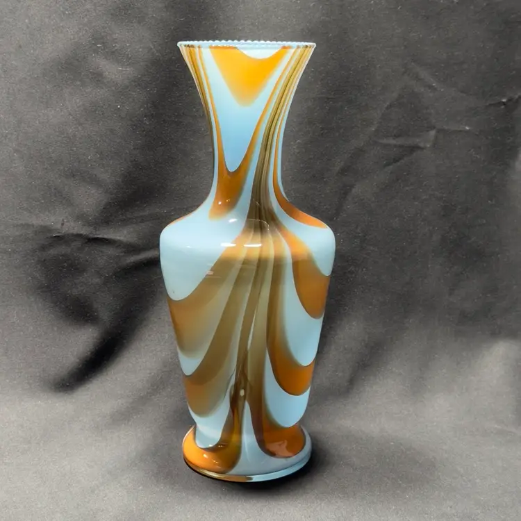#1601 Art Glass Vase Hand Blown Blue And Brown Swirl