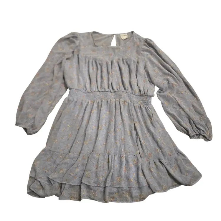 Arula Cottage Dress Size (B 18-20) Light Blue Floral Balloon Sheer Sleeve Ruffle