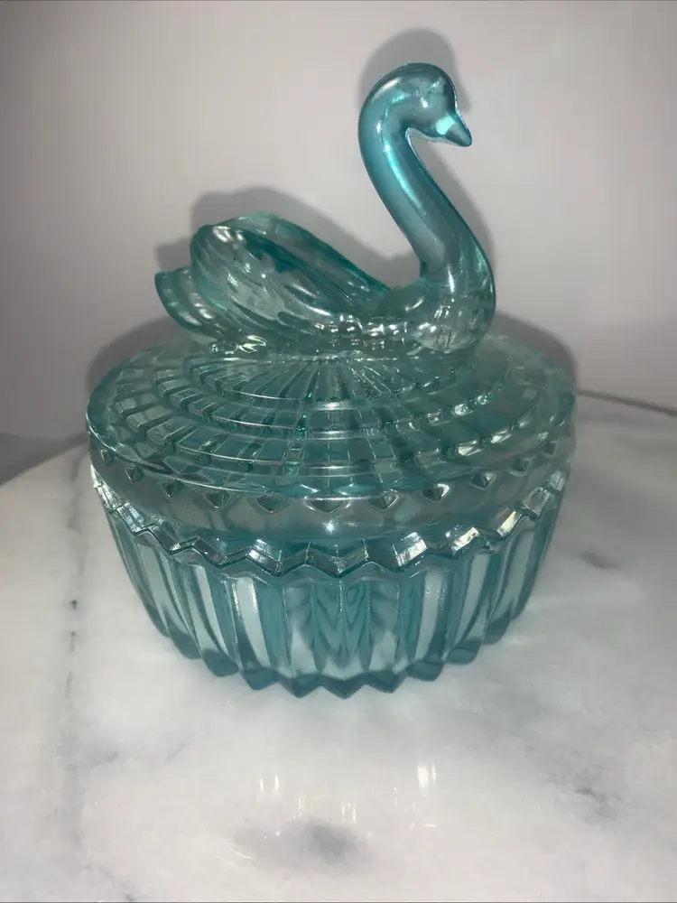 Jeanette Blue Glass Swan Lidded Lipstick Holder Powder Box