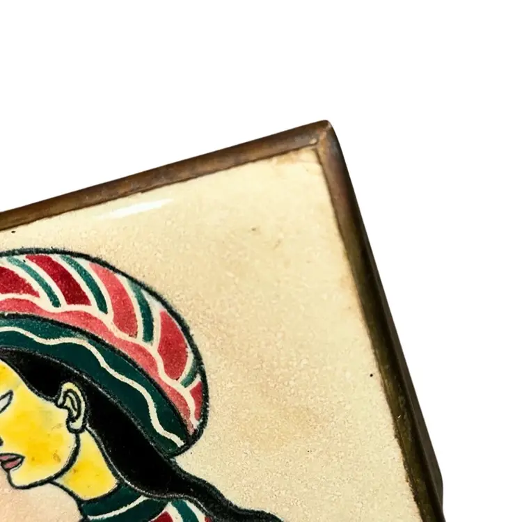 Brass Hinged Cigarettes Card Or Trinket Box With Wood Lining And Tile Top Small Chip On Tile