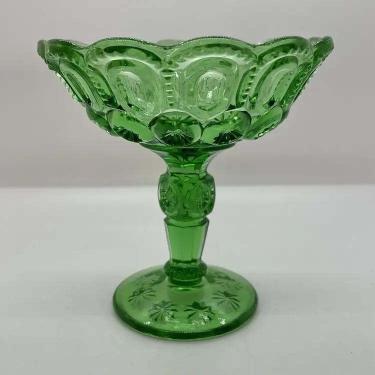 Fenton LG Wright Moon and Stars Green Glass 5.75" Open Jelly Compote