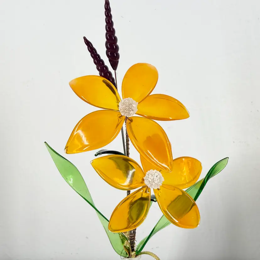 Czech Glass Floral Bouquet with Vase. Yellow, Green, Red, Clear. Hand Crafted. NOS. 10” X 3”
