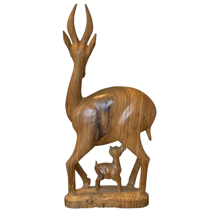 Handcrafted Antelope/gazelle wooden sculpture Nursing Suckling, Baby Mother