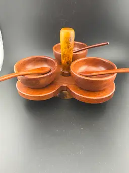 #01 MCM wooden spinning lazy susan appetizer, nut, condiment serving dishes.  Complete set of 3 with wooden spoons