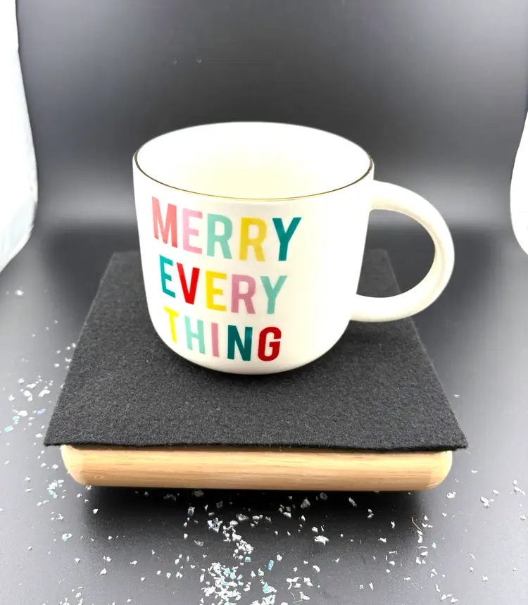Christmas Mug That Says Merry Everything.  The Bottom Says It Holds  15 Oz.  3.5” Tall x 5.5” Wide At Handle