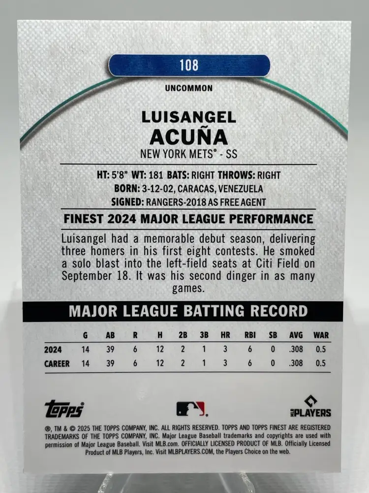 2025 Topps Finest Luisangel Acuna #108 Blue Refractor /250 RC NY METS