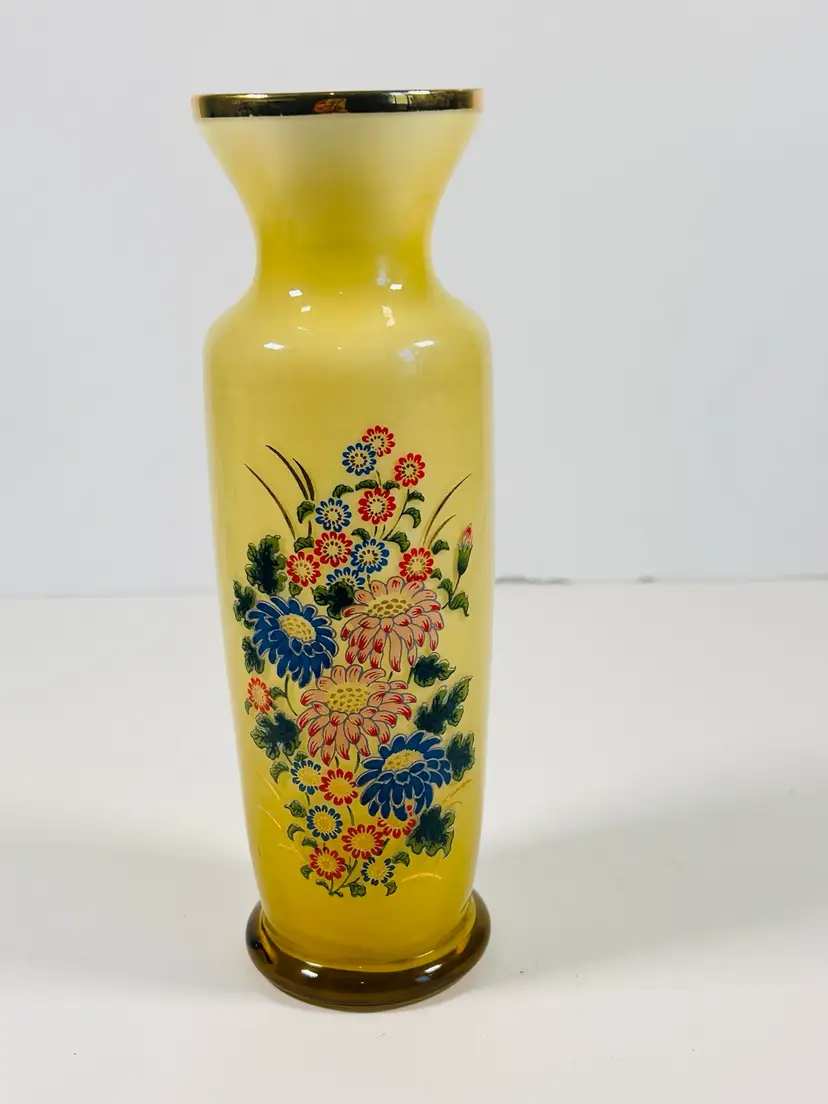 Vintage Yellow Glass Japanese Floral Art Vase With White Cased 8" Tall