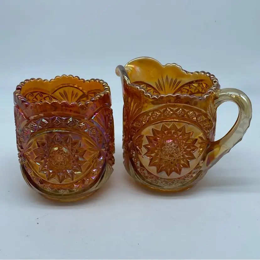 #0711 Imperial Glass Hobstar Marigold two piece carnival glass set creamer and open sugar