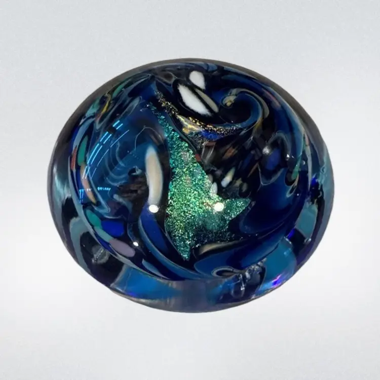 Jim Karg Signed Dichroic Iridescent Art Glass Blue Swirl Paperweight  3.5”