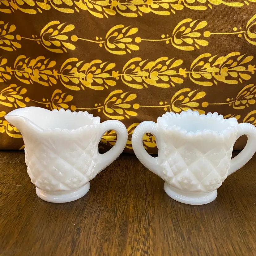 Quilted Thumbelina Sawtooth Milk Glass 2” Creamer and Sugar Bowl