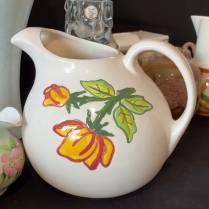 Ice Block handpainted floral Ball Pitcher marked colonial