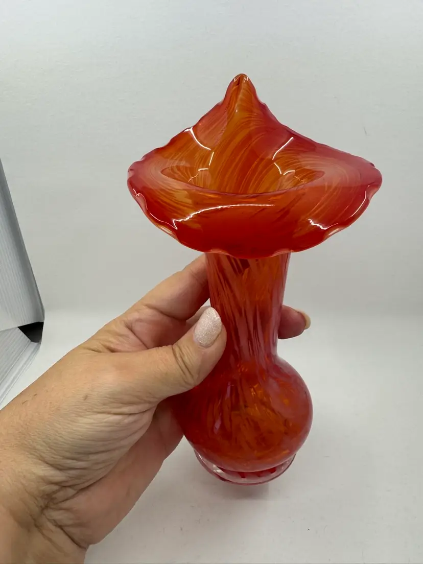 Hand-blown orange and white art glass "Jack in the Pulpit" vase.