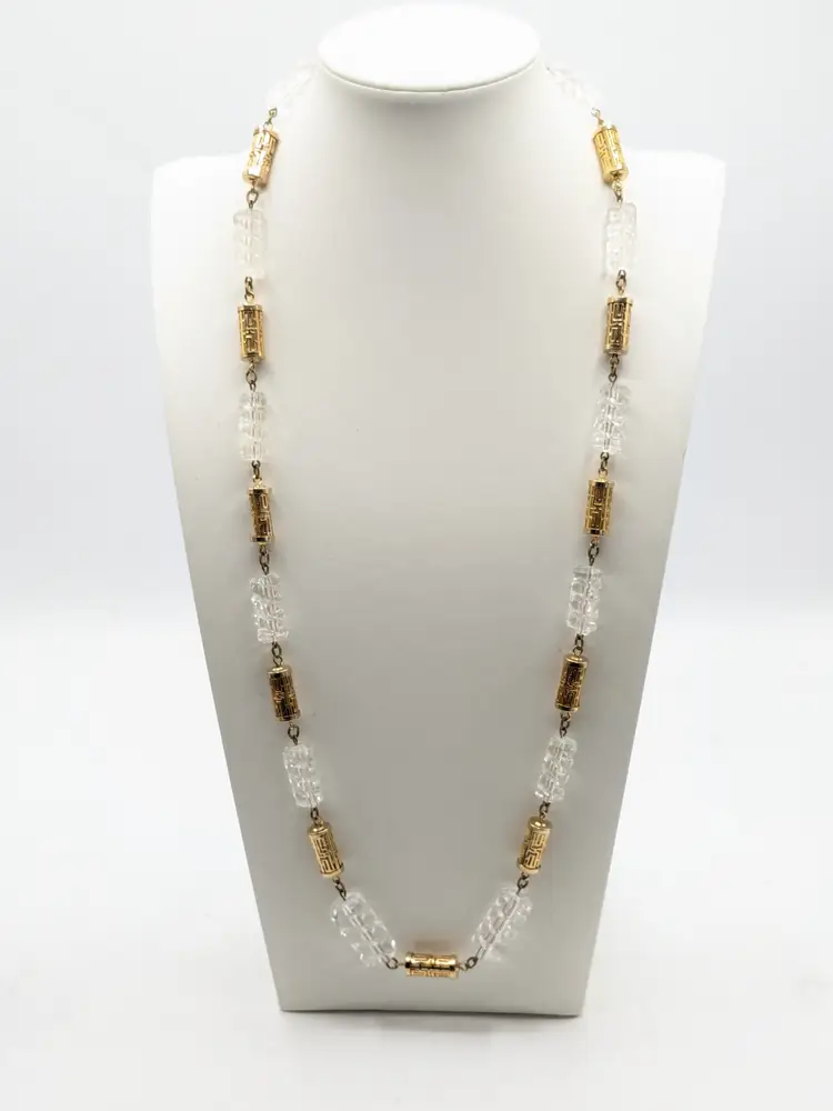 Vintage Gold Tone Clear Acrylic Barrel Station Necklace Jewelry