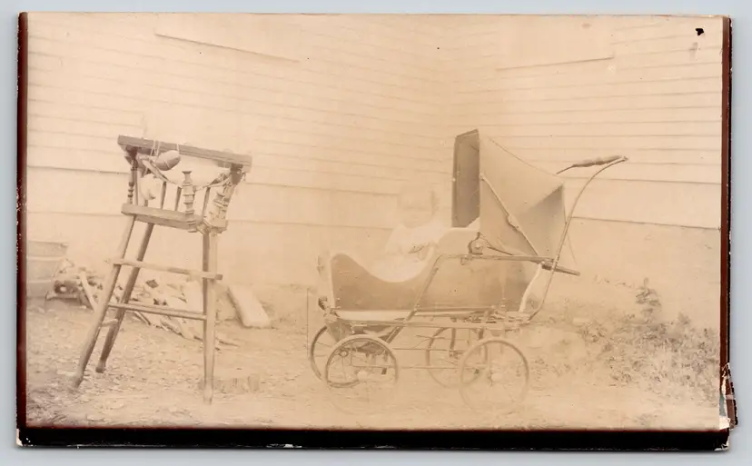 Postcard RPPC Baby in Pram with High Chair Real Photo - 9197