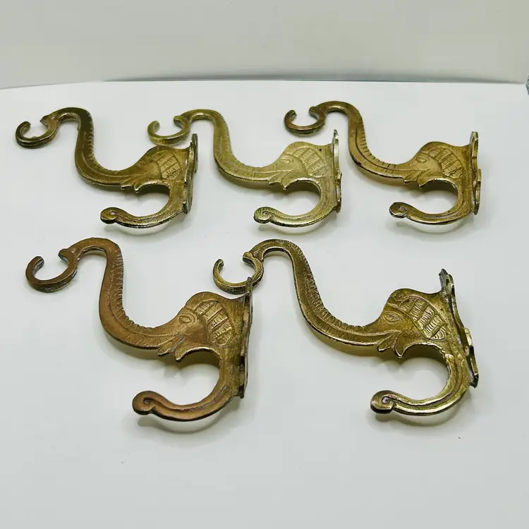 Vintage Brass Elephant Wall Double Hook Hanger with Trunk Up Set of 5