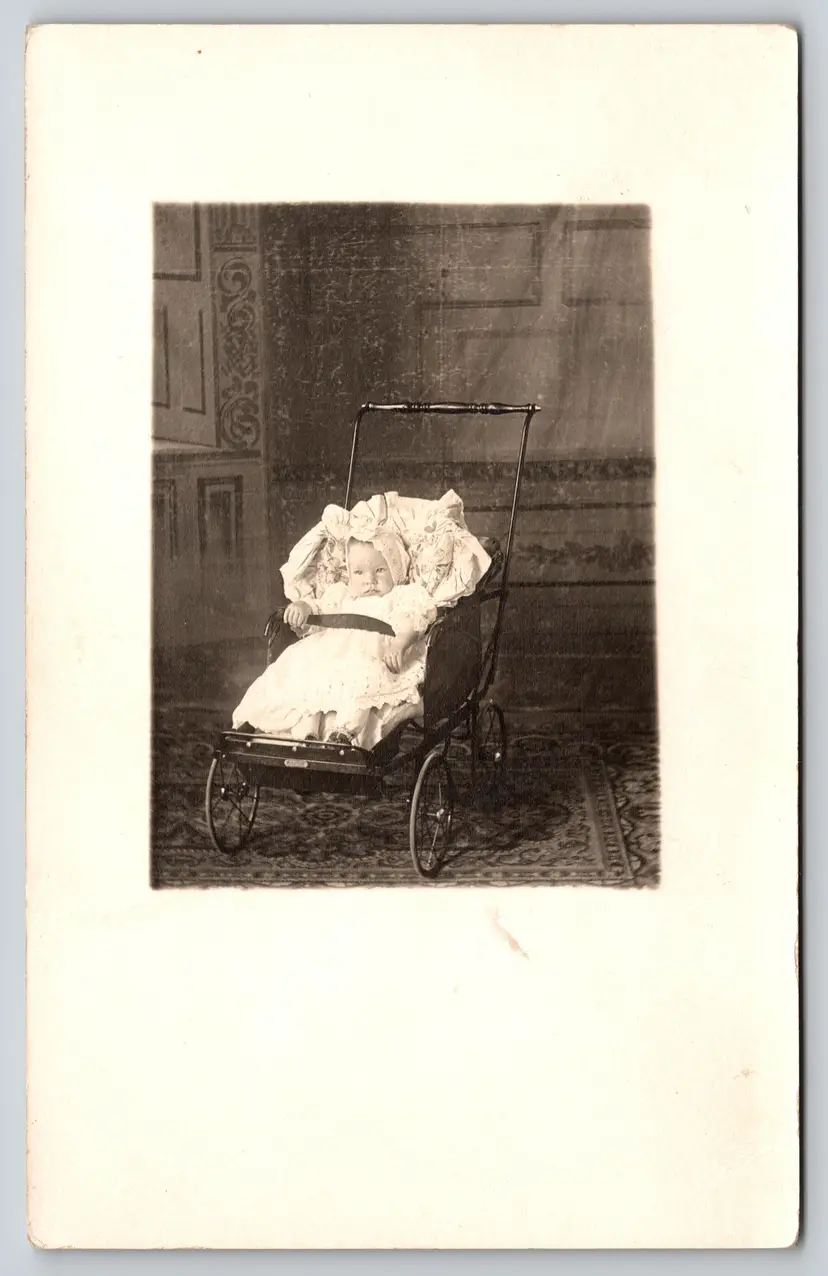 Postcard RPPC Baby Wrapped in Blanket in Pram Real Photo Children Vignette Baby Carriage  - 9235