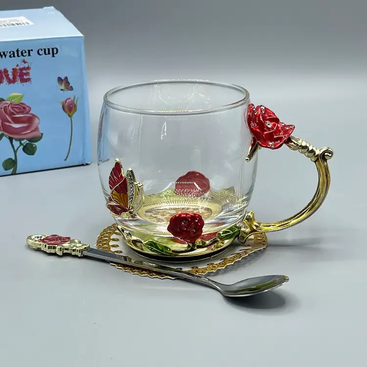 ARC Rose & Butterfly Glass, Rhinestone & Enameled Metal Cup and Spoon w/ Faux Lace Doily