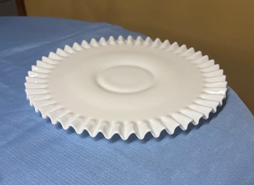 Fenton Ruffled Edge Hobnail Milk Glass Low Footed Cake Plate 13.5” diameter