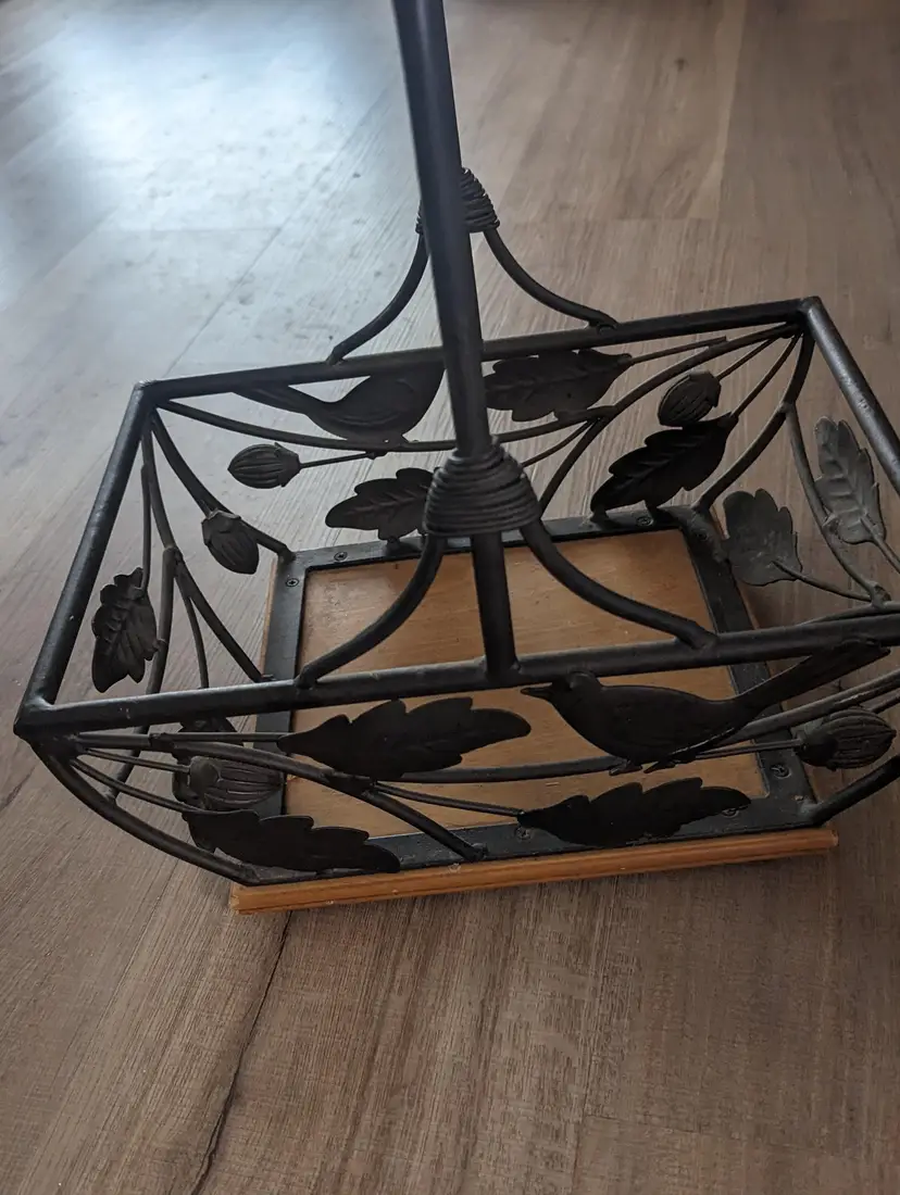 Vintage Wrought Iron Metal & Wood Rectangle Gathering Fruit Handled Basket 12" X 9" X 13"