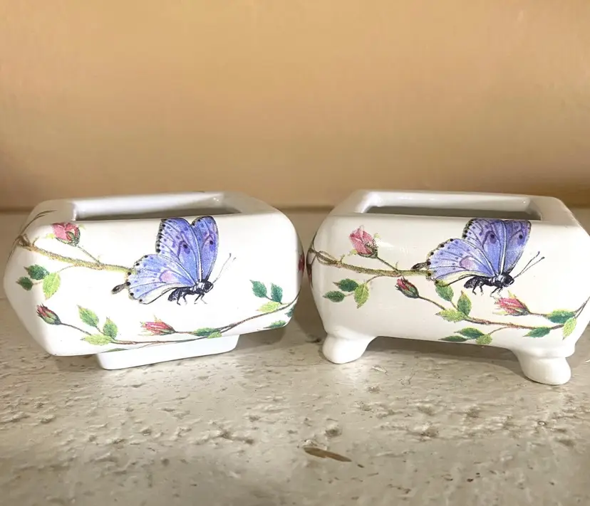 Trinket/Condiment Boxes Ceramic Hand Painted Floral w/Butterfly Design Signed