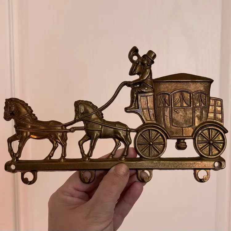 Vintage Solid Brass Horse & Carriage Wall Hanging Hooks