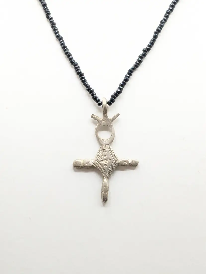 Tuareg Silver Tone Cross Pendant Black Bead Necklace