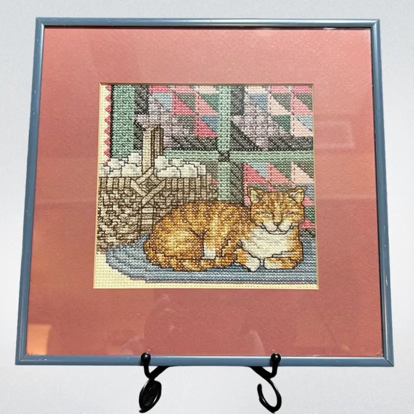 MARKDOWN! Kitty Vintage Cross Stitch Matted And Framed In A Michaels Frame ~10.75” x 10.5” x 0.75”