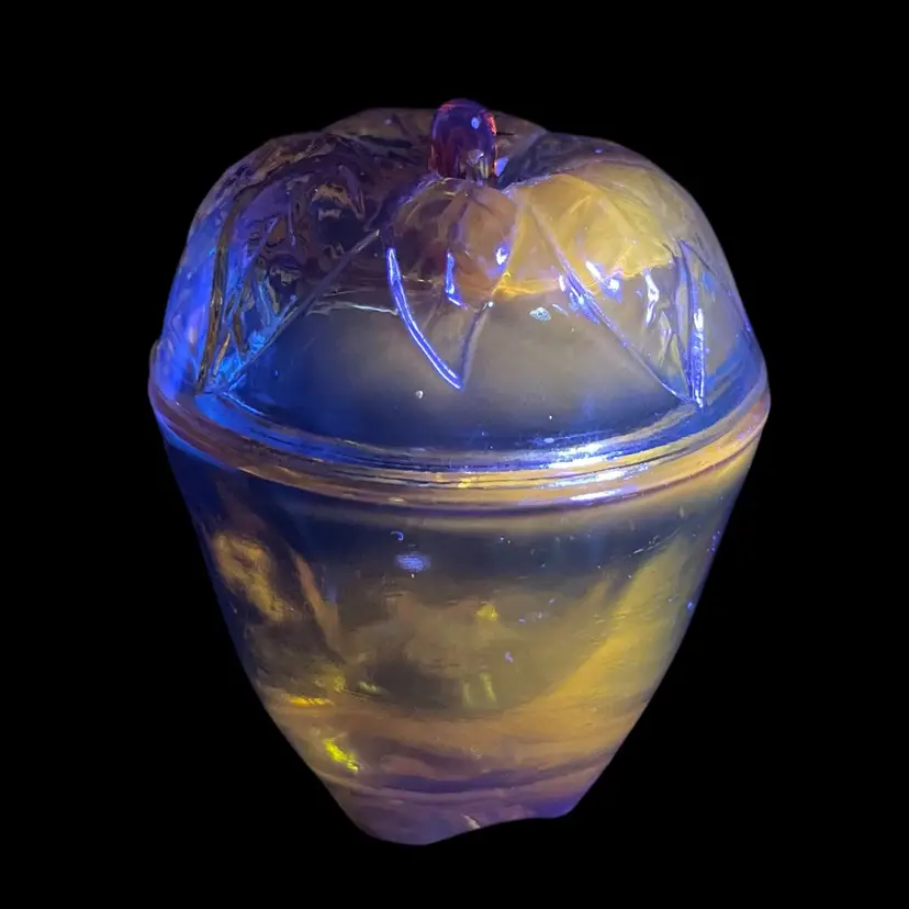 Cadmium Glass Apple Shaped Jam Jar, Vintage Orange Glass Fruit Condiment Jar, UV Glowy Glass