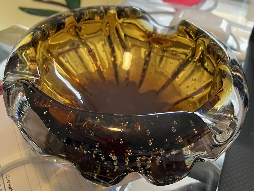 Murano Amber Glass Controlled Bubbles Bullicante Ashtray Dish