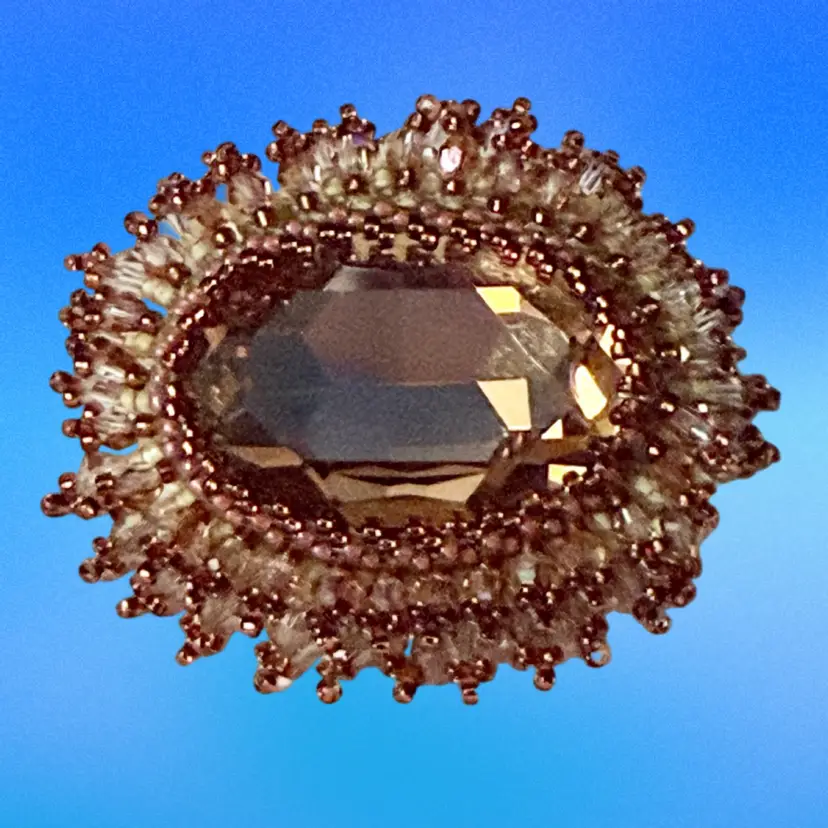 Vintage Faceted Amber Glass Cabochon Beaded Edge Goldtone Brooch