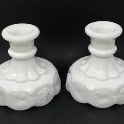Westmoreland White Milk Glass Paneled Grape Pair of Candlestick Holders