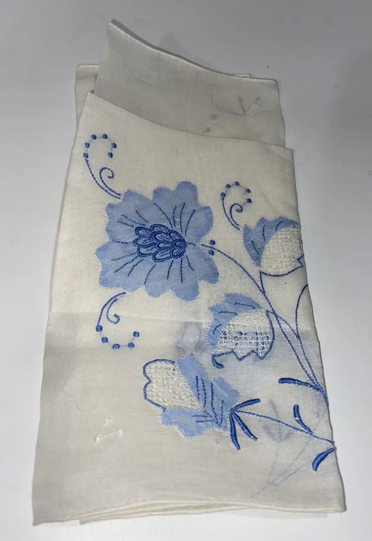 Blue Flowers Appliqué Cut Out Designs Sheer Handkerchief Hanky