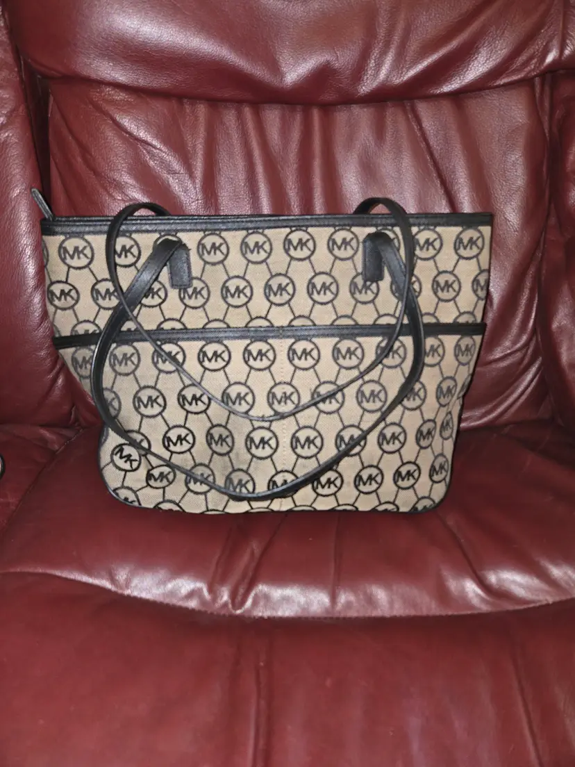 Michael Kors Monogram Tote Bag - Signature MK Pattern, Black Trim, Gold Hardware