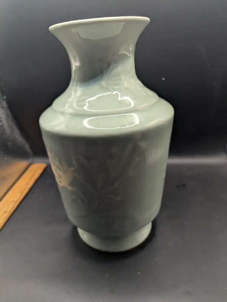Vintage Korean Celadon Crysanthemum Design 9.75" Vase.