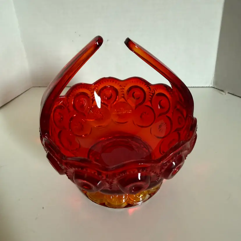 Vintage Moon and Stars Amberina Candy Nut Trinket Basket w/ Split Handle Glows