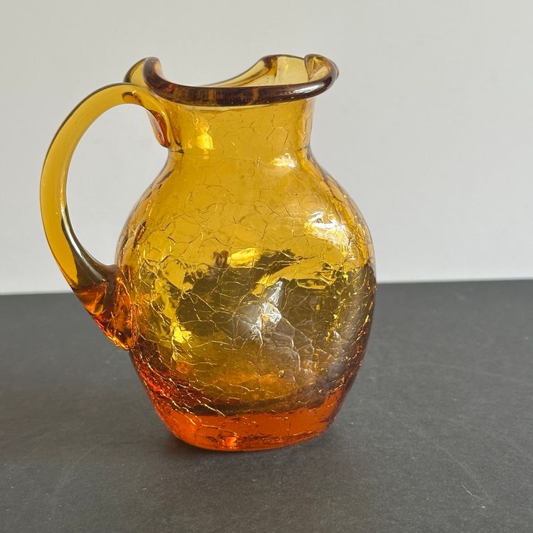 #963 Vintage Amber Crackle Glass Home Made Glass Jug Wavy Top Applied Handle