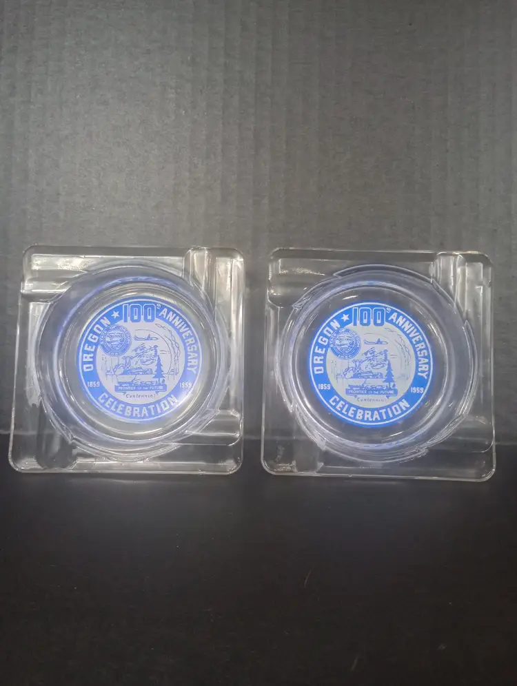 Vintage 2 Piece Set of 1959 Oregon 100th Anniversary Centennial Ashtrays Frontier of the Future