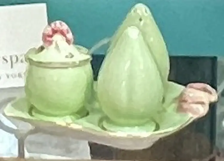 ANTIQUE Salt & Pepper, 
Lidded Mustard Pot/ Spoon on Tray
 Grimwades By Royal Winton England 
Lilly Theme Pale Green "A England Numbered