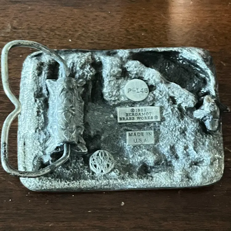 Vintage 1983 Bergamot Brass Works Wisconsin Belt Buckle 3D prob pewter trout fly fishing P-146 Made in USA