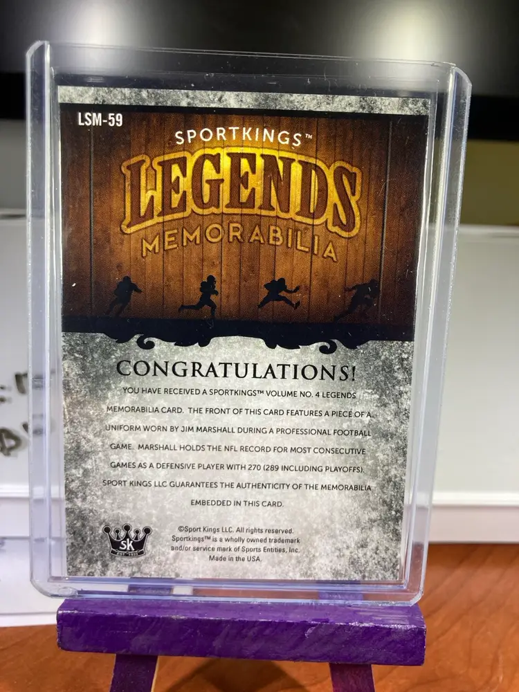 Jim Marshall Sportkings Legends Game Worn Jersey Card 