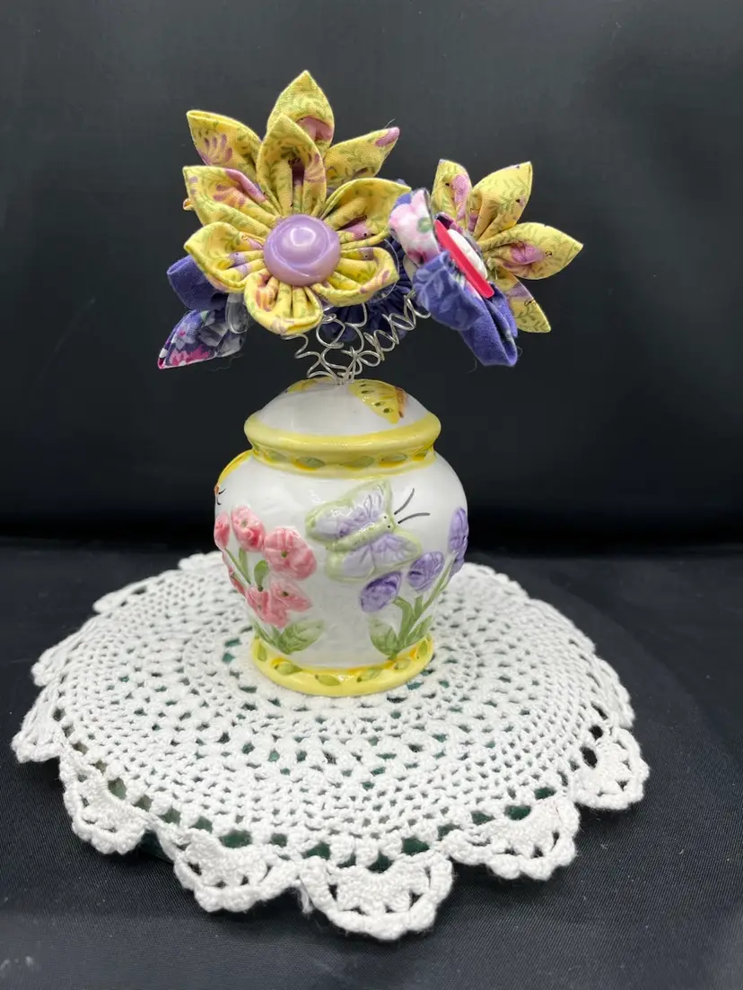 Made By Me Fabric And Vintage Button Flowers In “Butterfly Garden” Shaker
5.5” x 3”