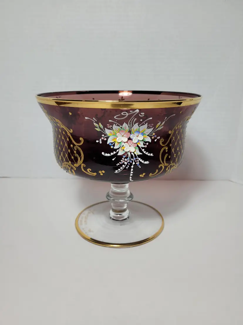Gorgeous Vintage Trefouchi Murano Cranberry Glass Pedestal Bowl Handpainted