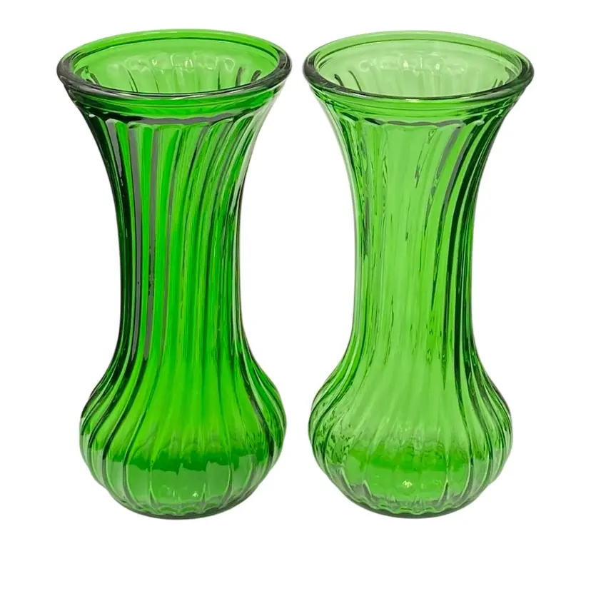 Pair (2) - Vintage Hoosier Glass Emerald Green Ribbed 'Swirl' Vases (#4), 7.5"