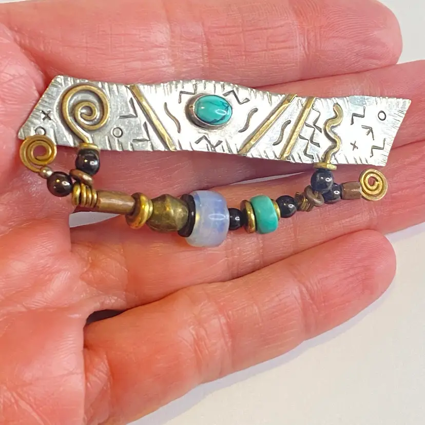 #02 - Vintage Modernist Brooch Pin Mixed Metals Signed Q Miller Glass Stone Beads West