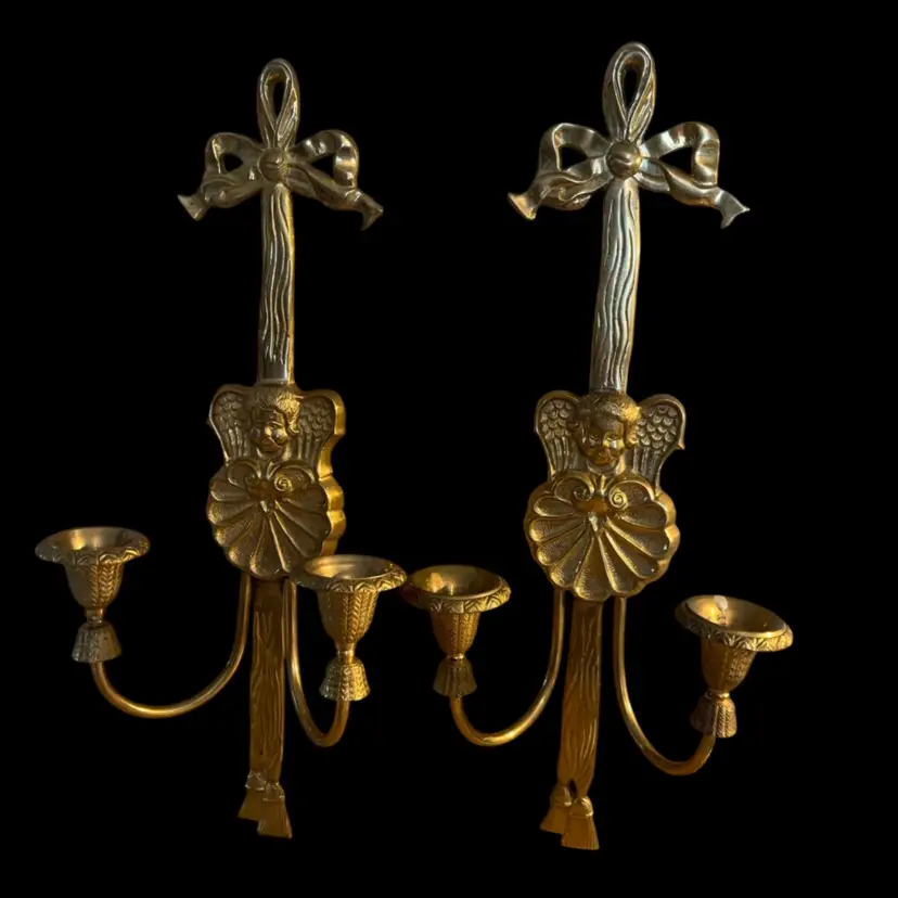 Large Vintage Brass Cherub Bow Wall Candelabra Pair 17’