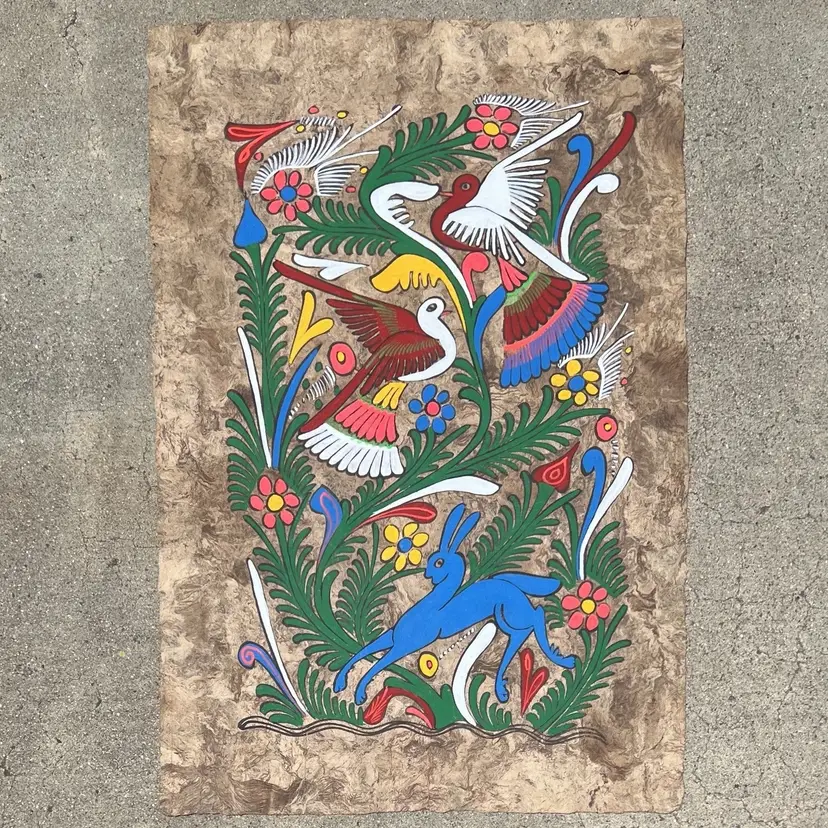 Vintage Mexican Amate Bark Art Painting Folk Art Birds Blue Rabbit UV Reactive