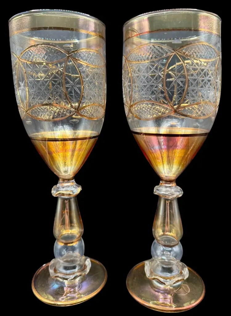 Set of 2 Egyptian Hand Blown Wine Glass Goblets Iridescent Orange Gold Etched