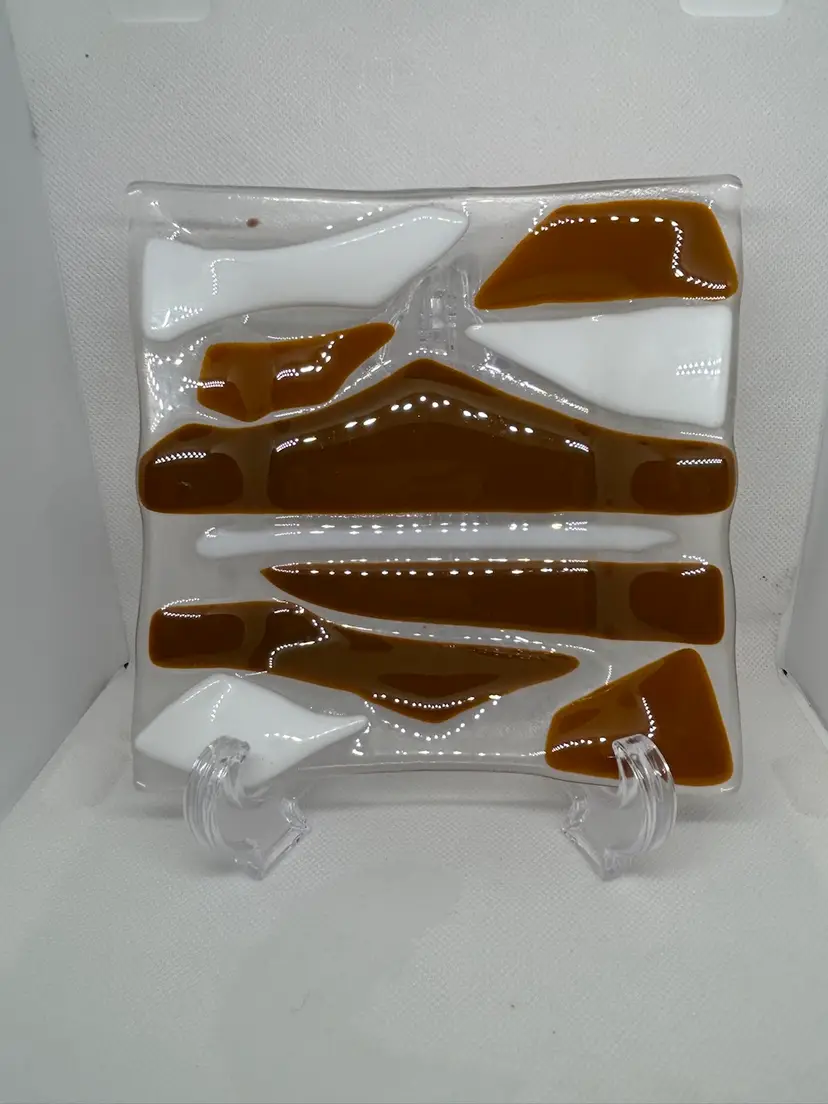 Fused Art Glass Trinket Dish Ashtray Geometric Brown and White Colors