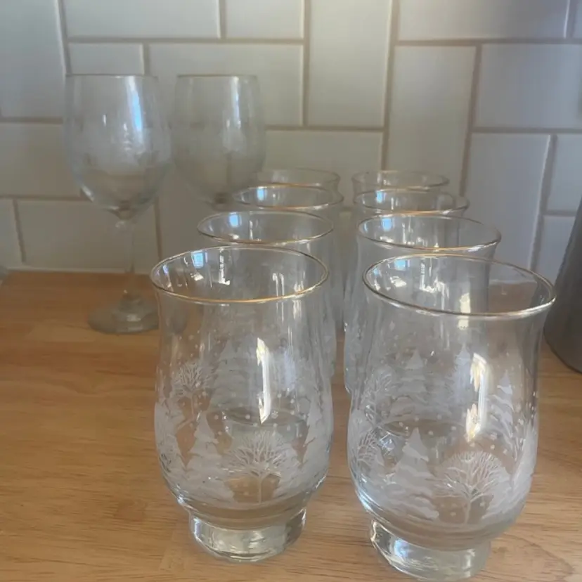 Libby Winter Wonderland Christmas Glass Tumblers Frosted Trees Gold Rim