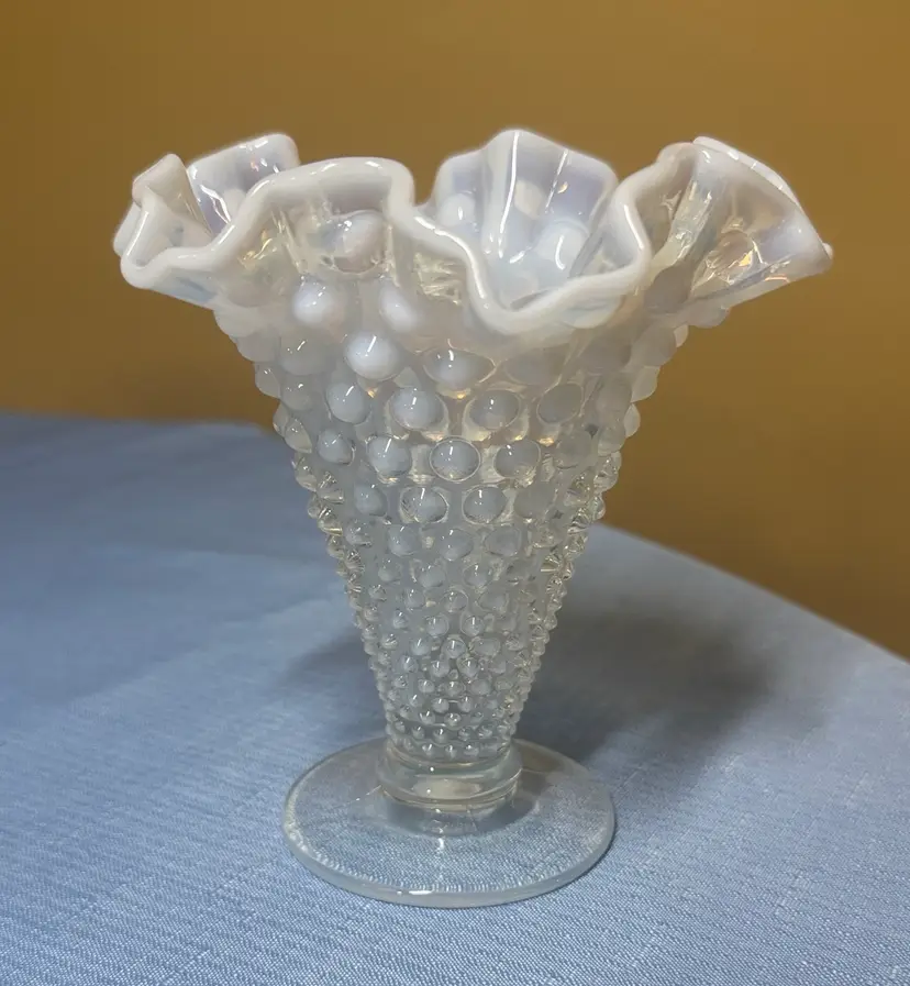 Fenton Art Glass trumpet Vase "Moonstone" opalescent hobnail 5 5/8” tall